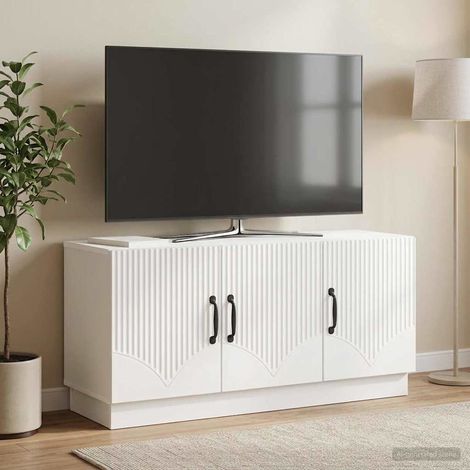 Meuble TV blanc brillant en bois d’ingénierie, 3 portes et rangements, 99 x 34,5 x 47 cm - PANGIVO (1/5)