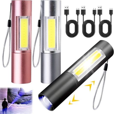 Lampe Torche LED Rechargeable USB, 3 Pièce Lampe de Poche LED Zoomable Ultra Puissante Lampe Tactique, 3 Modes Eclairage Étanche, Lampe Torche pour Ménage, Camping, Randonnée, Urgence, Bricolage [Clas (1/5)