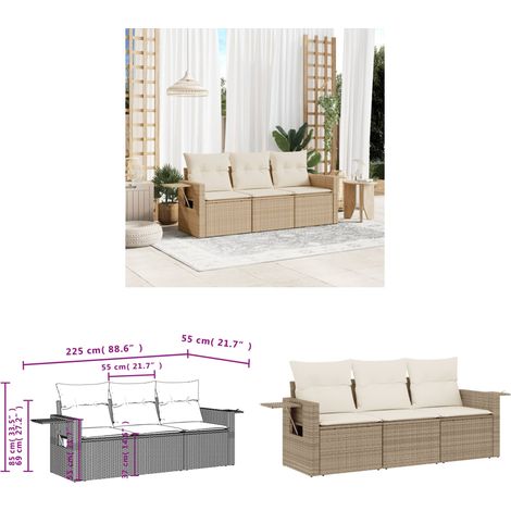 3-tlg. Garten-Sofagarnitur mit Kissen Beige Poly Rattan - Gartenmöbel - Sofasitzgruppe - PE-Rattan Möbel - Outdoor Lounge Set - Balkonmöbel - Home & Living