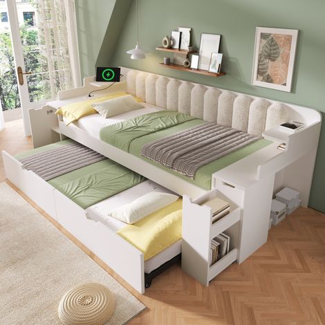 Cama nido 90/200 cm blanca con cama extraíble, estación de carga y almacenaje (1/5)