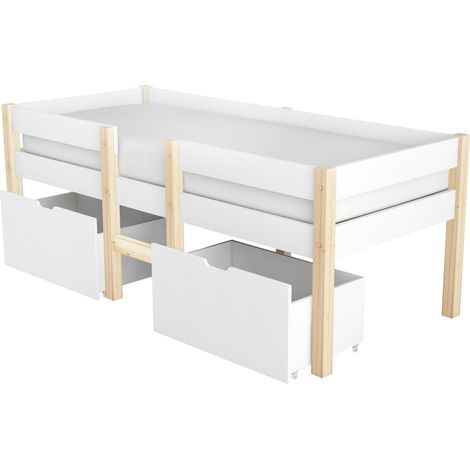 Letto con Cassetti Letto Singolo, Sponda di Sicurezza e Scala, 90×190 cm, senza Materasso, Legno Massello, Bianco (1/5)