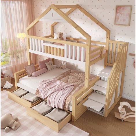 Letto a castello 90x200 e 140x200 cm bianco e rovere in legno con tetto a capanna, scala contenitore e cassetti (1/5)