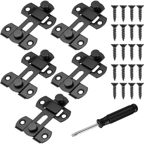 5 PcsVerrou Porte Coulissante Interieure Exterieur, Loquet Porte Verrou Porte Interieure Exterieur, Verrou de Portes en Acier Inoxydable pour Fenêtre Placard Jardin Salle de Bain+Tournevis (Noir)