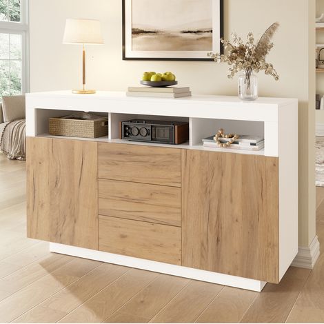 Aparador moderno 140 x 40 x 85 cm con 3 cajones y 2 puertas en madera y blanco OKWISH (1/5)