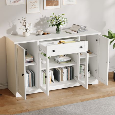 Buffet blanc 4 portes, 2 portes vitrées, 1 tiroir, 138 x 40 x 83 cm HAVRYA (1/5)