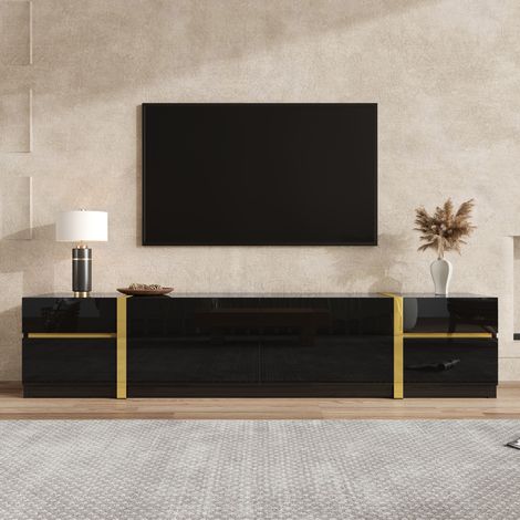 Mobile TV basso da 180 cm con 4 cassetti e 2 ante, finitura lucida, in MDF nero e oro