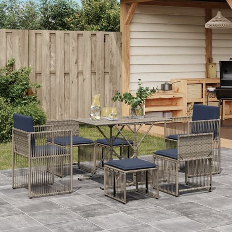 Ensemble repas jardin 7 pièces en résine tressée gris avec coussins bleu marine - PANGIVO (1/5)