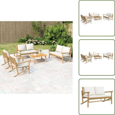 The Living Store Salon de jardin 5 pcs avec coussins blanc crème bambou - Meubles extérieurs en bambou (1/5)