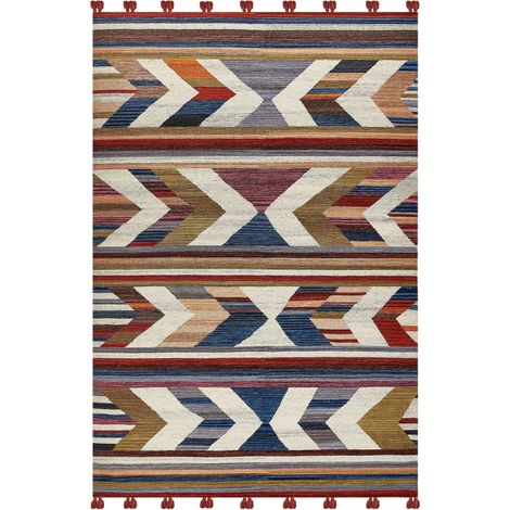 Tapis Kilim Multicolore en Laine 200 x 300 cm avec Pompons Oriental Fait Main Mrgashat