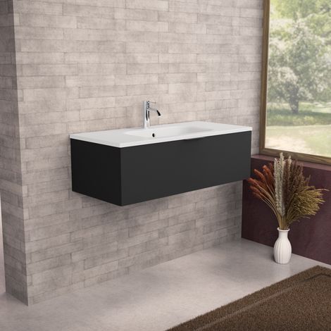 Inda - Badezimmerschrank B.100 mit mattiertem Waschbecken / Mattschwarz 1 Schublade - Topazio (1/5)