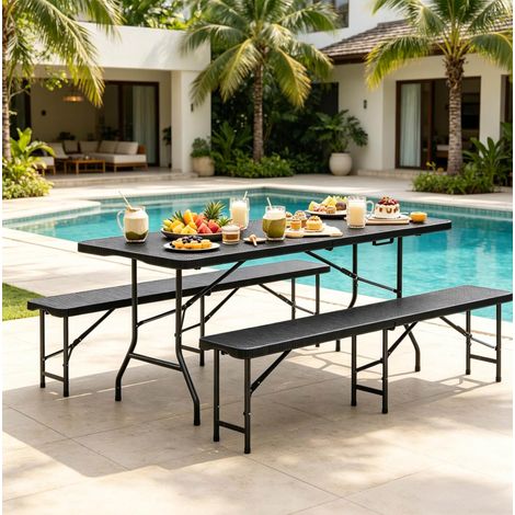 Set birreria pieghevole per 8-10 persone, 180x74x70 cm, tavolo e 2 panche, HDPE e metallo, nero (1/5)