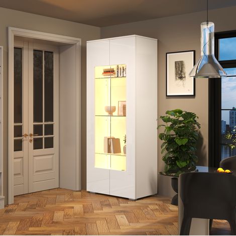 Wohnzimmervitrine (70x40x173 cm), mit 2 Türen, Hochglanzfront, LED-Lichtstreifen, MDF, Weiß (1/5)
