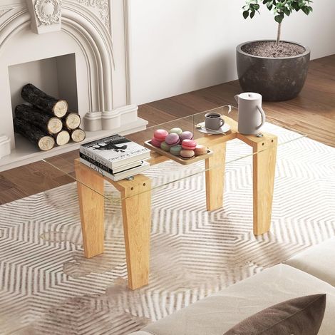 GOPLUS Table Basse Verre Vitrée, Table de Salon Moderne avec Dessus en Verre Trempé Transparent et Cadre en Bois de Caoutchouc, Charge 45KG, 100 x 50 x 41 cm (1/5)