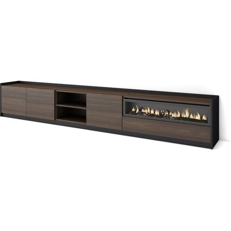 Skraut Home - Mueble TV, Televisión, 310x37x50cm, Para TV hasta 80", Chimenea eléctrica, Roble oscuro y Negro (1/5)