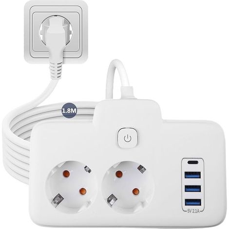 Multiprise 2 prises, avec câble d'extension de 2 m, 3 ports USB et 1 type C, idéale pour le bureau, la maison et les voyages - Rallonge pratique avec multiprise (1/5)
