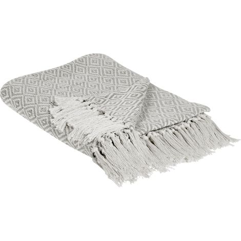 Couvre-Lit Boho avec Franges 125 x 150 cm en Coton Taupe Motif Losange Mityal
