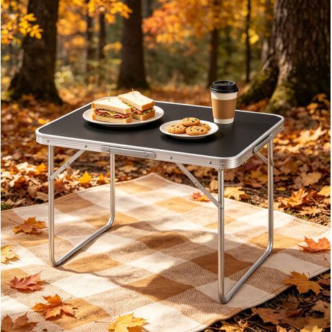 Klapptisch 70x50x60 cm, faltbar, tragbar, mit Griff, aus Eisenrohr, Aluminiumlegierung und MDF, schwarz (1/5)