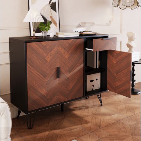 Mobile contenitore moderno 90 x 30 x 71,5 cm con cassetto e ripiani regolabili nero e legno HAVRYA (1/5)