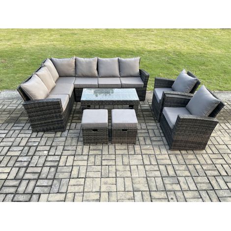 Fimous 10 Seat Outdoor Gartenmöbel-Set Ecksofa Set Terrassen Sofa Sessel Tisch Set mit 2 kleine Fußhockern Dunkelgrau gemischt