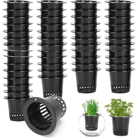 Paquete de 50 macetas hidropónicas roscadas, de malla de plástico ligero de 3,2 x 3,5 cm, cestas para el cultivo de plantas en jardinería (negras). (1/5)