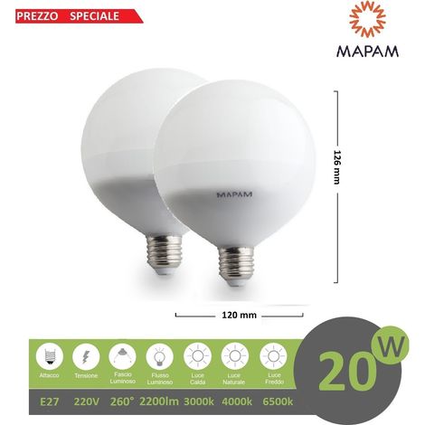 X2 Lampadina led E27 globo G120 20w attacco grande sfera palla luce calda Mapam Calda (1/3)