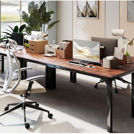 Bureau informatique 200x60x75 cm style industriel, grande surface, structure stable, bois brun rustique (1/5)