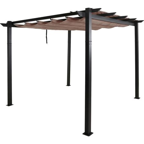 Pergola aluminium pavillon de jardin terrasse 3x3 m avec toit coulissant réglable structure 8 cm tissu polyester UV50+ taupe 040009720
