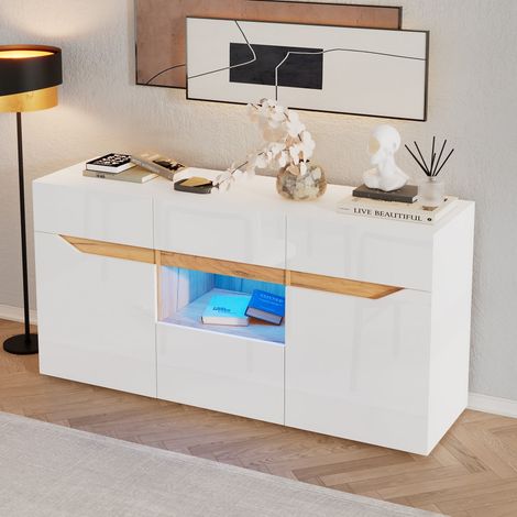 Buffet Enfilade Blanc 140 cm 4 Tiroirs 2 Compartiments Sans Poignées Éclairage LED Intégré Design Moderne Polyvalent Salon Séjour (1/5)