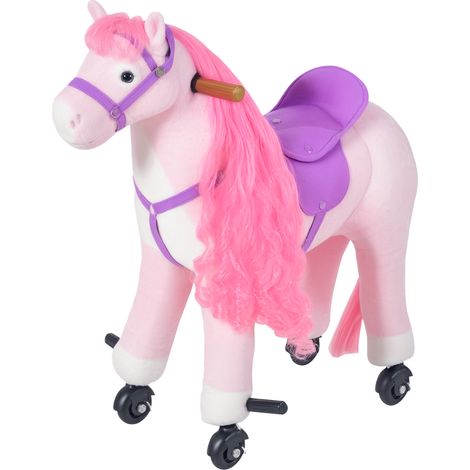 Cheval à bascule enfant rose avec corps rembourré, 4 roues en PU, sons réalistes et repose-pieds pour maison, jardin et parc (1/5)