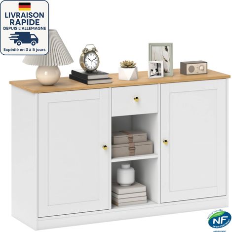 Credenza a 2 ante 120 x 35 x 75,2 cm - 2 ripiani aperti + 1 cassetto - Scandinavo - Legno certificato PEFC - Bianco (1/5)