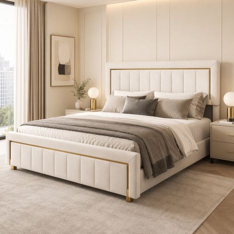 Lit double adulte 160 x 200 - Lit coffre capitonné 160 x 200 - Velour Beige - Sommier à lattes - Décor à rayures verticales et bordures dorées - Moderne (1/5)