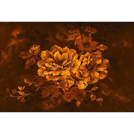 Papier peint panoramique orange & marron motif fleur Tapisserie panoramique salon fleurie vintage Papier peint panoramique floral chambre (1/3)