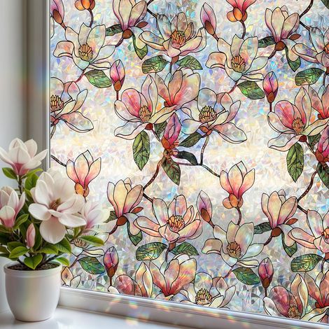 Vitrail Film Fenetre Anti Regard Effet Arc-en-Ciel 43 x 100cm Motif de Magnolia Rose Film Electrostatique Vitre Non Adhesif Décoratif Anti UV Brise (1/5)