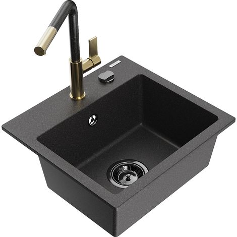 Mexen Milo 1-Becken-Granitspüle mit Mischbatterie Flora, Schwarz gesprenkelt - 6505-76-670401-75-B (1/5)