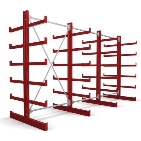 STIER Kragarmregal doppelseitig 3 Felder mit 5 Ebenen 3900x2000x500mm feuerrot (1/4)