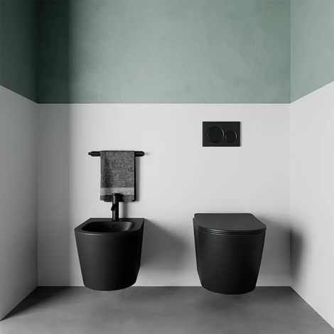 Coppia di Coppia di Sanitari Sospesi in Ceramica Rimless Nero Opaco con Vaso, Bidet e Copriwc Soft-close Mod. Vienna (1/5)