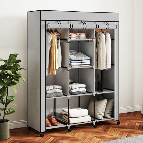 Armadio in tessuto 125 x 43 x 162,5 cm, 8 ripiani, 2 barre appendiabiti, grigio DESVIAE (1/5)