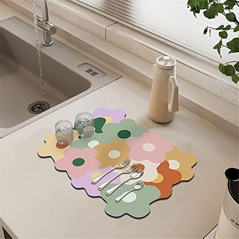 1 pcs (30x40cm) Tapis Égouttoir Vaisselle, Fleurs Tapis de Séchage Vaisselle Super Absorbant, Tapis Évier Cuisine à Séchage Rapide (1/5)