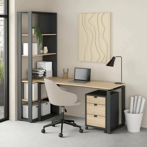 Dmora - Escritorio Severine, Escritorio multiusos, Mesa de oficina para PC, El plan de trabajo, 184x80 h205 cm, Roble y Gris (1/5)