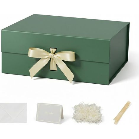 Large Green Gift Box, 32 x 11 x 13.5 cm, Empty Gift Box, Magnetic Birthday Wedding Gift Box - 1 Piece (Contain Ribbon, Tissue Paper, Envelopes and Cards) (1/5)