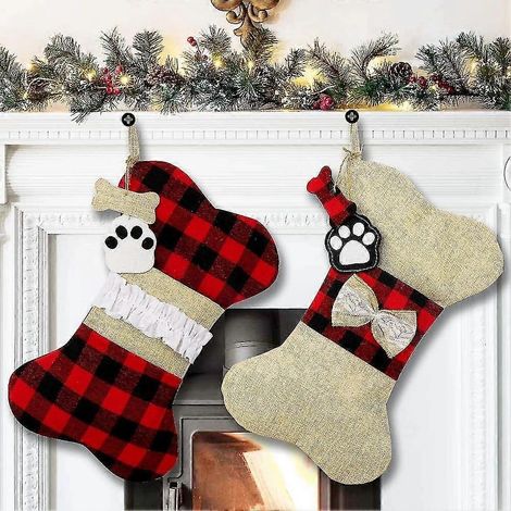 Lot de 2 bas de Noël pour chiens, bas de Noël à carreaux Buffalo, grands bas en forme d'os à suspendre - Rouge + Marron - Yx (1/5)