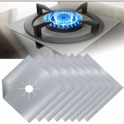 Silver Teflon Gas Stove Protector, 8 Pieces, Gas Stove Protection, Gas Burner Protection, Anti-corrosion, Non-stick, Kitchen, 27x27cmx0.08mm (1/5)