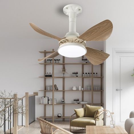 Ventilateur de plafond moderne à pales droites avec éclairage intégré, silencieux et doux, avec télécommande, coloris bois, culot E27 (1/5)