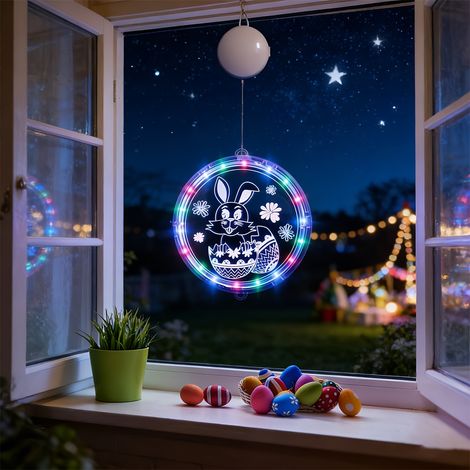 Ostern Deko Hängender Hase und Eier mit Mehrfarbiger LED-Lichterkette – Fenster- und Garten Terrasse Dekoration (Osterhase – 17 cm) (1/5)