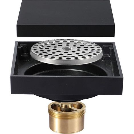 Siphon de Sol de Douche carré Invisible 100 x 100 mm avec Inserts de carrelage Amovibles dans Le Couvercle de la Grille, Siphon de Sol en Laiton, Noir (1/4)