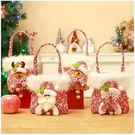 Set mit 4 wiederverwendbaren Stoff-Weihnachtstüten für Süßigkeiten, Snacks, dekorative Geschenktüten für Jungen, Mädchen, Partys und Veranstaltungen