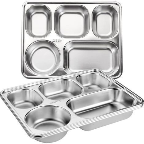 Bord - Acier Inoxydable - Rectangulaire Avec 5 Compartiments - Pour Portion Control - Adultes Enfants Camping Picnic - Lot De 3