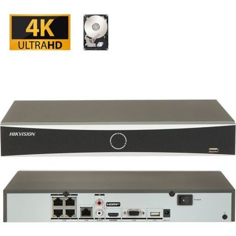 Hikvision NVR Registratore IP 4 Canali PoE 12Mp acusense + Hard disk 1Tb - DS-7604NXI-K1/4P F