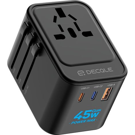 Adaptateur Prise Universelle avec 2 Ports USB-C(GaN 45W) ＆ 1 USB-A  Adaptateur Voyage International, PAS un Convertisseur de Tension, Concerner France vers USA, UK, EU, AU ＆ 200+ Pays (Noir) (1/5)