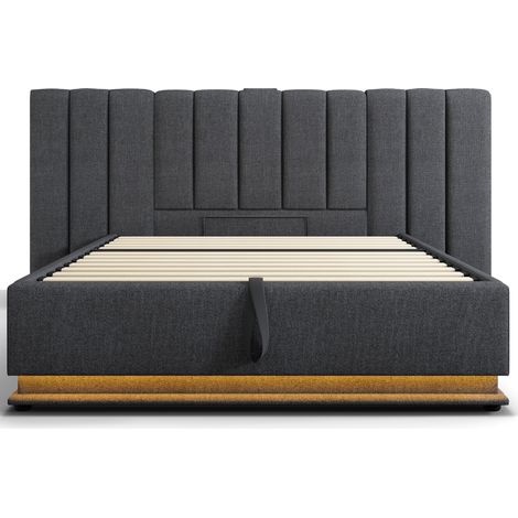 Stauraumbett 180x200 cm in grauer Leinenoptik mit LED per App, USB-C und Lattenrost MODENUIT (1/5)